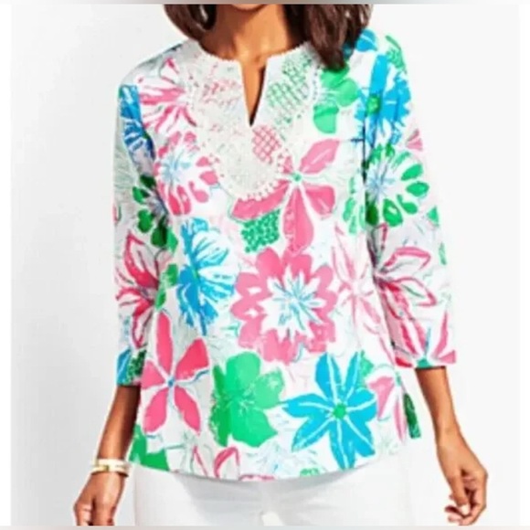 Talbots Tops - Talbots Pink and Green Graphic Blouse with Mandarin Collar size M